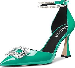 Castamere Women's High Chunky Wide Heel Ankle Strap Diamond Crystal Pointed Toe Pumps 8.5 CM Heels