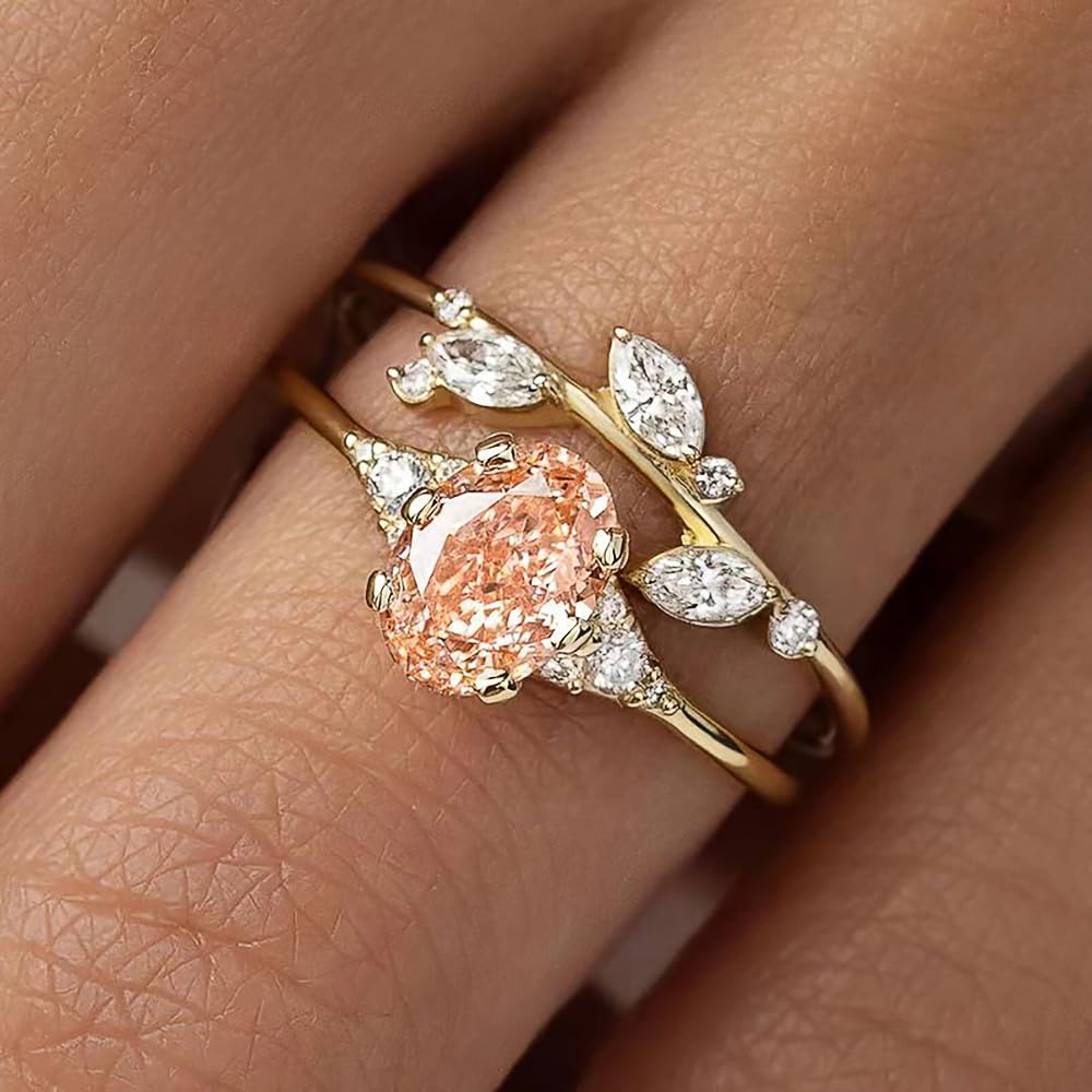 2pcs champagne cubic zirconia rings aesthetic wedding accessories gold color exq