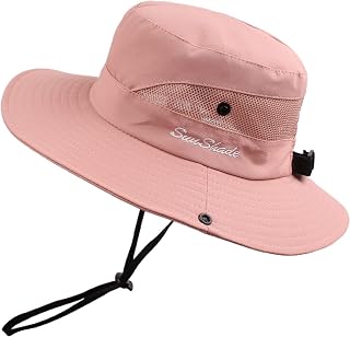 PESAAT Women Men Fishing Hat Summer Sun Hats for Women UV Protection Wide Brim Bucket Hats with Ponytail-Hole