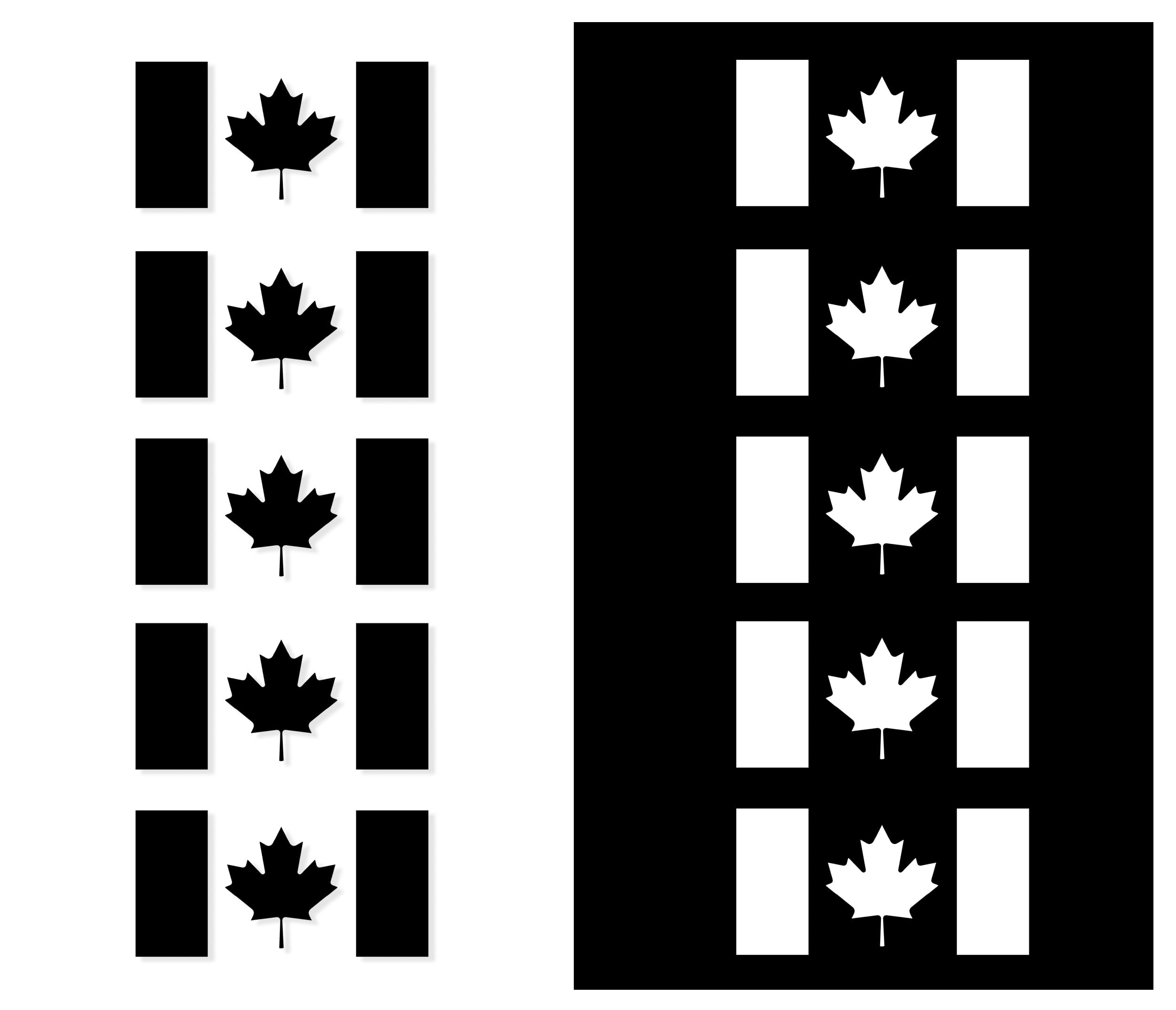 Canadian Flag Vinyl Decals | Set of 10 (x5 Black + x5 White) | 6 x 3 inches | Ou