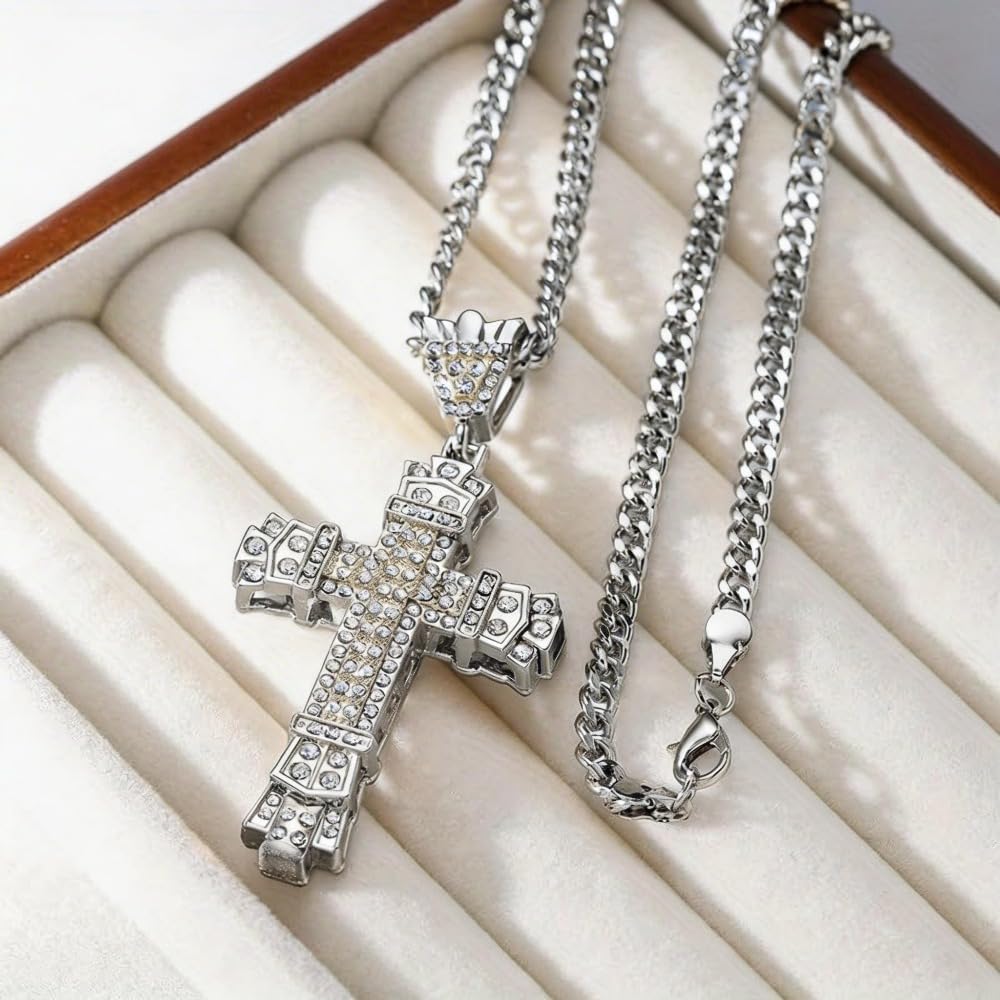 Hip Hop Full Diamond Retro Hollow Cross Pendant Necklace Diamond Pendant