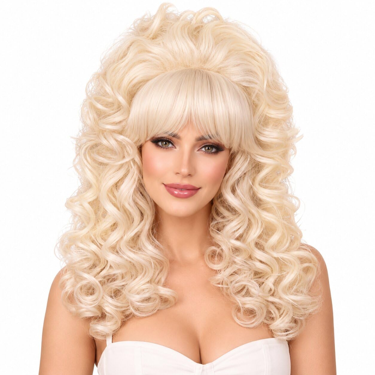 FantaLook Blonde Long Curly Wig with Bangs, Vintage Costume Wig for Women | Retr