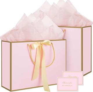 woric Pink Gift Bags with Handles, 14" Medium Gift Bags with Tissue Paper | 2 Pcs Pink Bags, 4 Tissue Paper and 2 Cards, Ideal for Wedding Bridal Shower, Baby Shower, Birthday Party