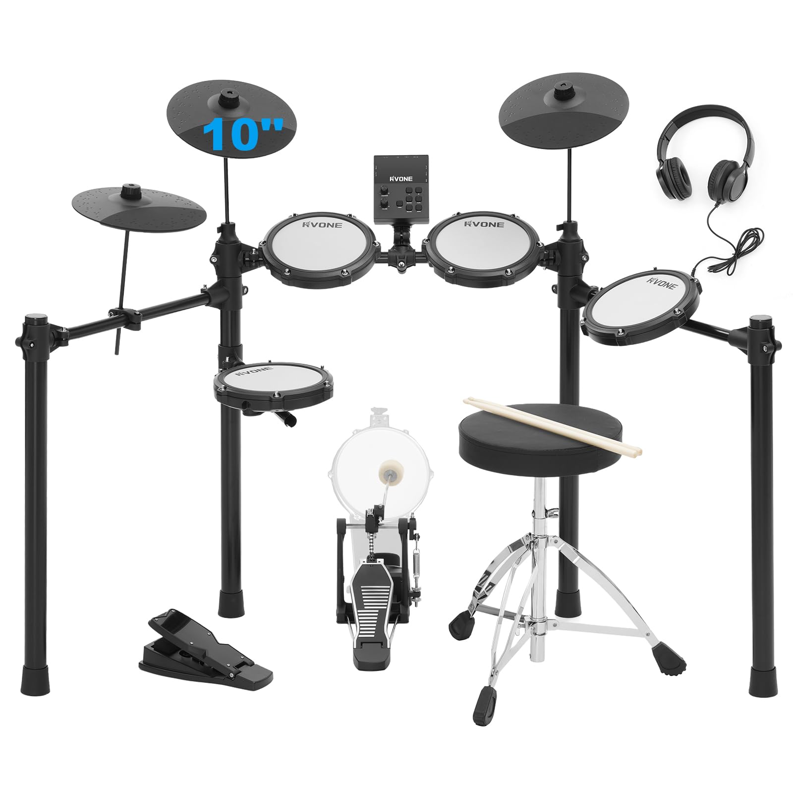 RVONE Electric Drum Set for Beginner with Kick Hammer Pedal,10" Cymbals, 4 Mesh 