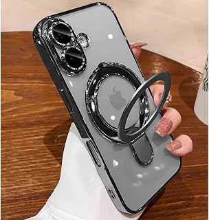 Magnetic Stand Case for iPhone 16 Case Clear Kickstand Compatible with Magsafe Built-in Camera Lens Protector Case Cover for iPhone 16,Natural Titanium