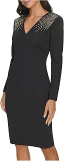 Calvin Klein Women's Long Sleeve V-Neck Rhinestone Studded Crepe Mini Dress