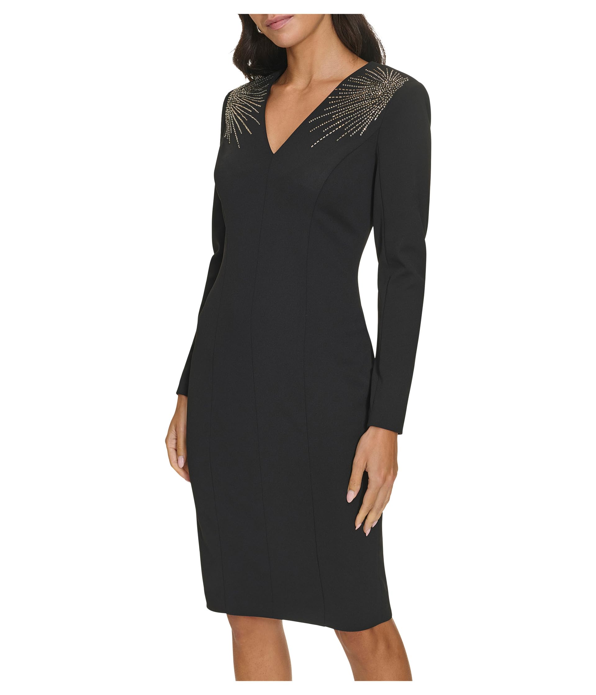 Calvin Klein Women's Long Sleeve V-Neck Rhinestone Studded Crepe Mini Dress