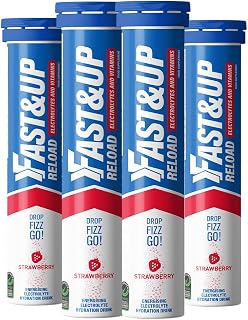 Fast&Up Reload – Energising Electrolyte Drink - Strawberry Flavour - 80 Effervescent Hydration Tablets - Added Vitamin C & B12 - Vegan