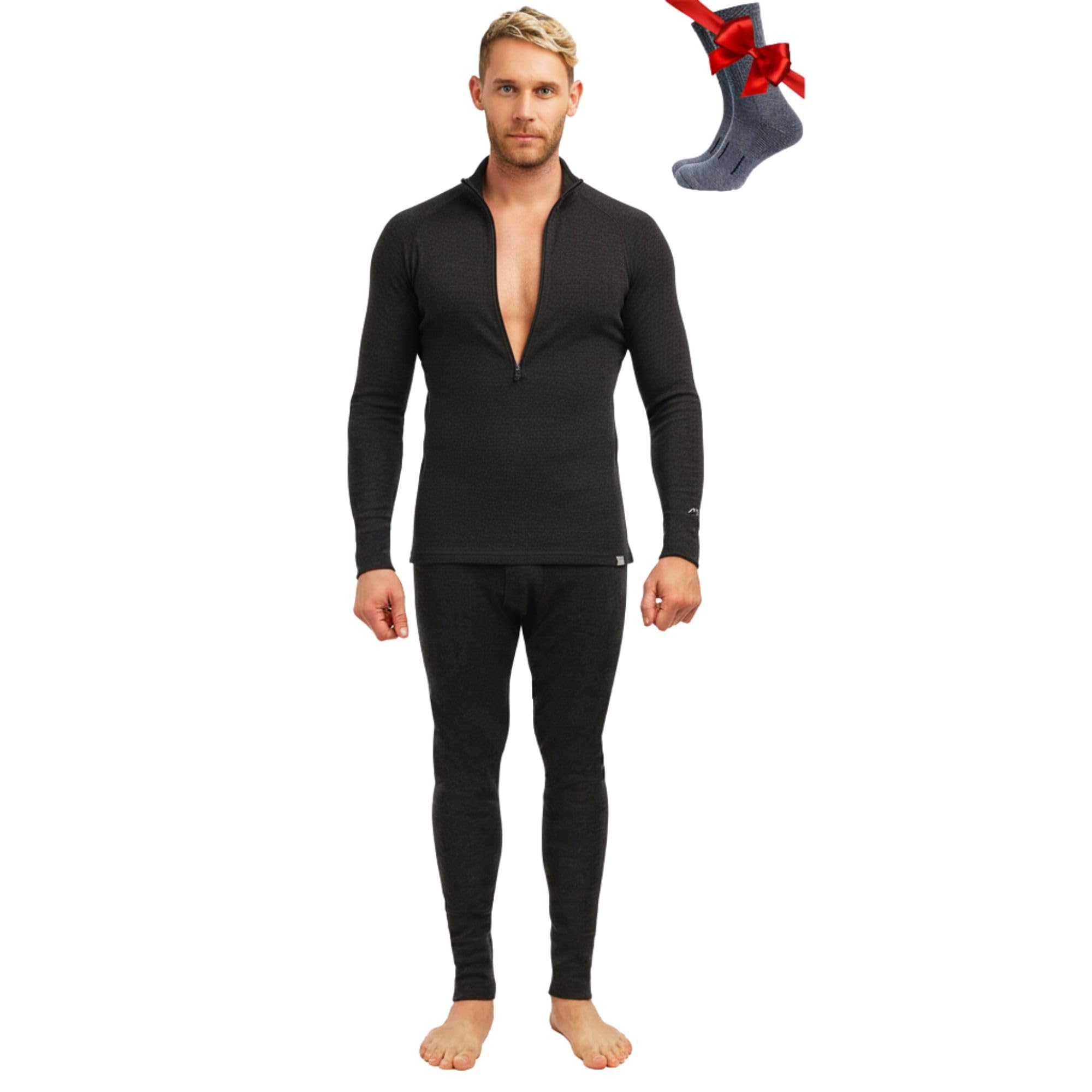 100% Merino Wool Base Layer Mens Set - Quarter Zip Thermal Underwear
