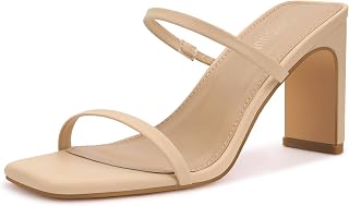 Carcuume Women's Block Heel Square Open Toe Two Strap Mule Sandals