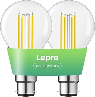 Lepro Bayonet Light Bulb A-Rated, 3.8W = 60W, 806lm, Warm White, Pack of 2 | B22 BC GLS LED Bulbs, 50000H Lifespan, 93% Energy Saving Ultra-efficient, Clear Filament, Vintage Glass, Non-dimmable