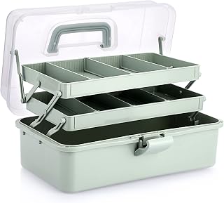 JuxYes 3 Layer Craft Organizer Plastic Folding Tool Box with Handle, Green | 2 Adjustable Dividers Tray, 180°Folding, for Organize Sewing Tools, Stationery Supplies, Makeup Accessories, Craft Supplies
