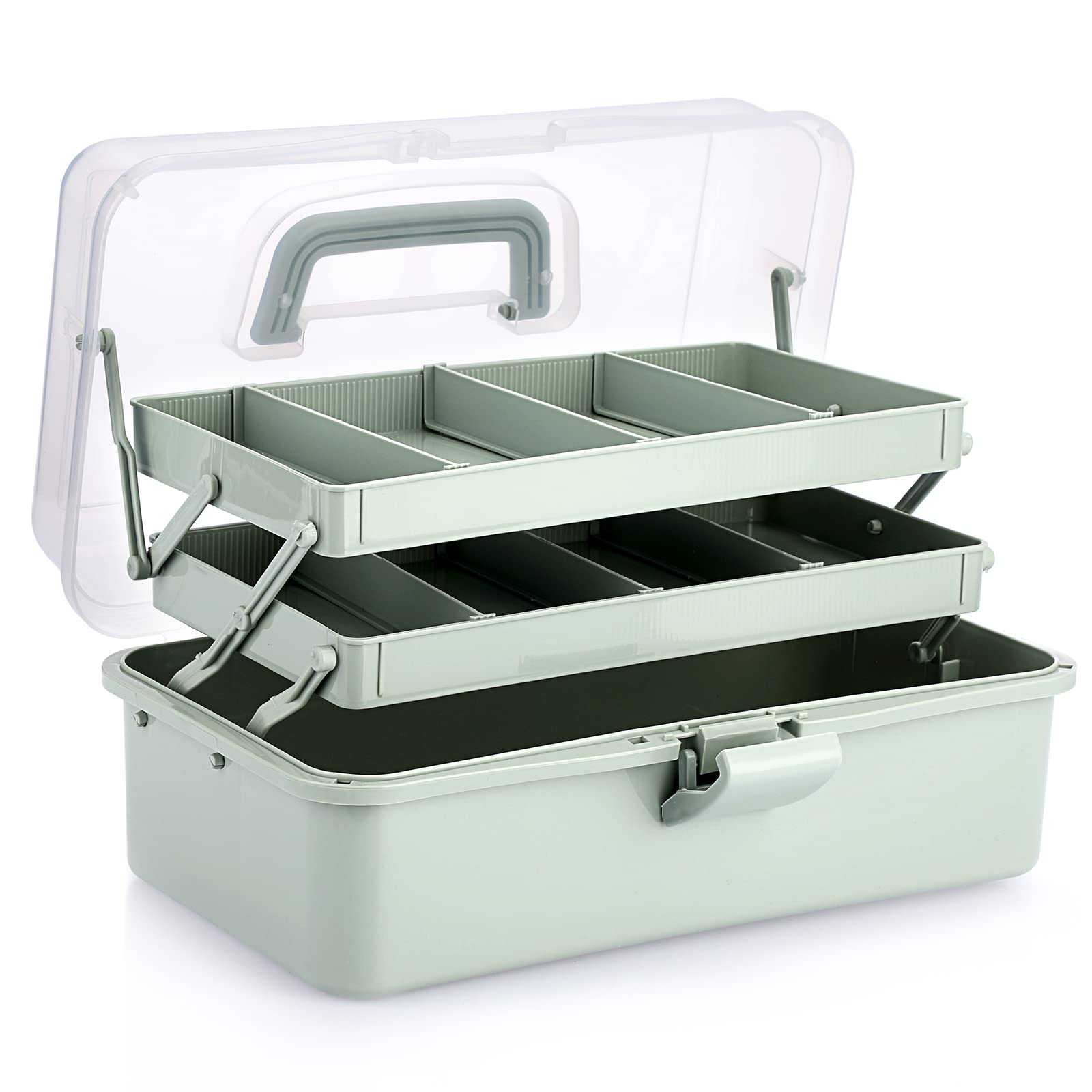 JuxYes 3 Layer Craft Organizer Plastic Folding Tool Box with Handle, Green | 2 A
