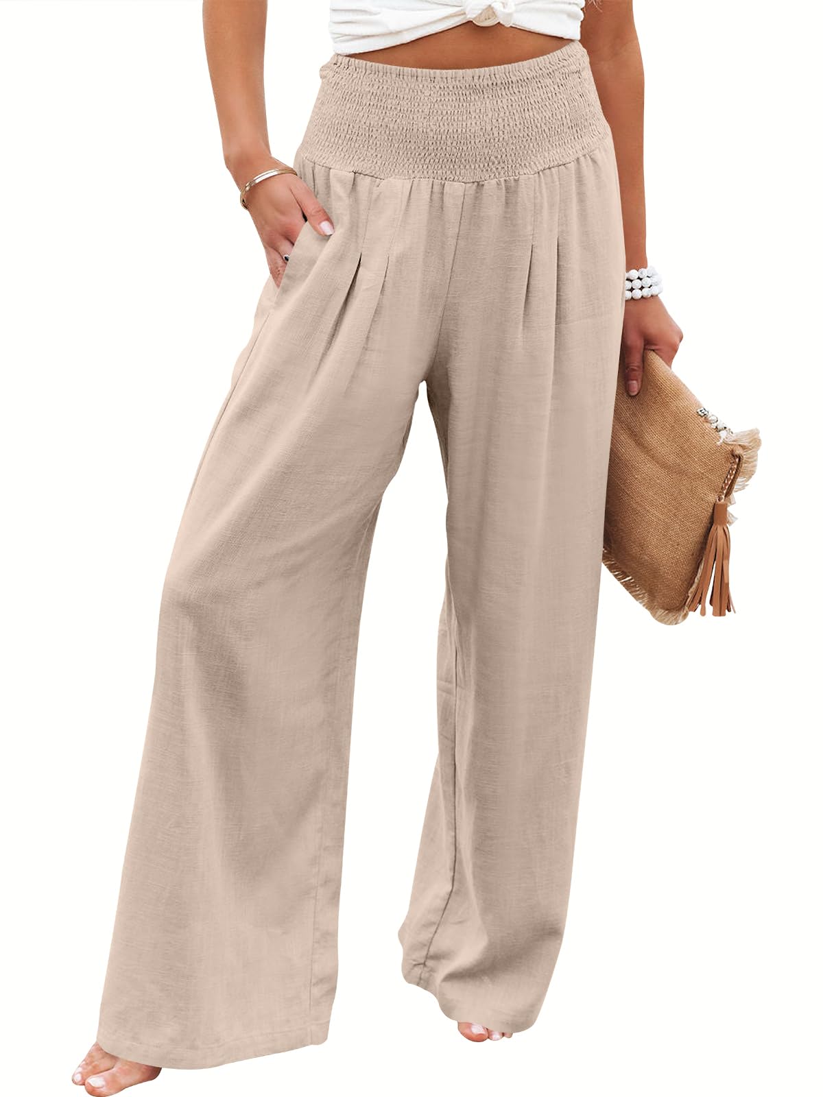 ANRABESS Women Linen Palazzo Wide Leg Pants with Pockets