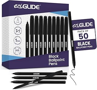 Eziglide Ballpoint Black Pens, Medium Point Nib (1.0mm), 50-Pack | Black Biro Pens Multipack With Effortless, Smooth Handwriting & Consistent Flow, Black Pens for School, Home, Office Supplies