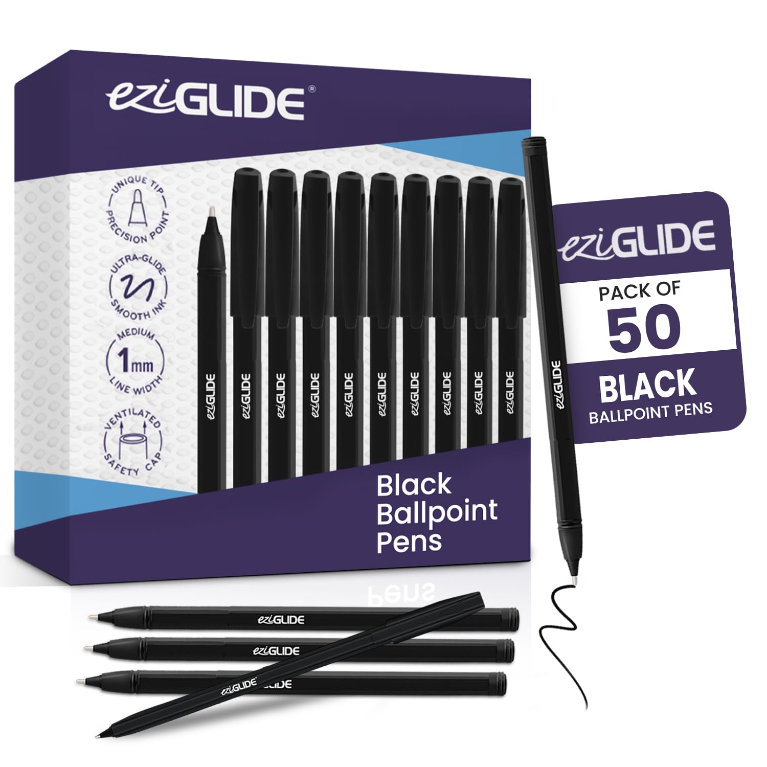 Eziglide Ballpoint Black Pens, Medium Point Nib (1.0mm), 50-Pack | Black Biro Pe