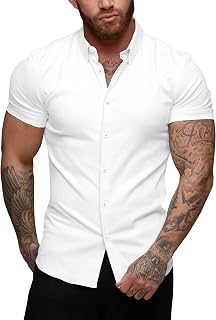 URRU Men's Muscle Shirt Slim Fit Stretch Short Sleeve Casual Button Down Shirts for Men