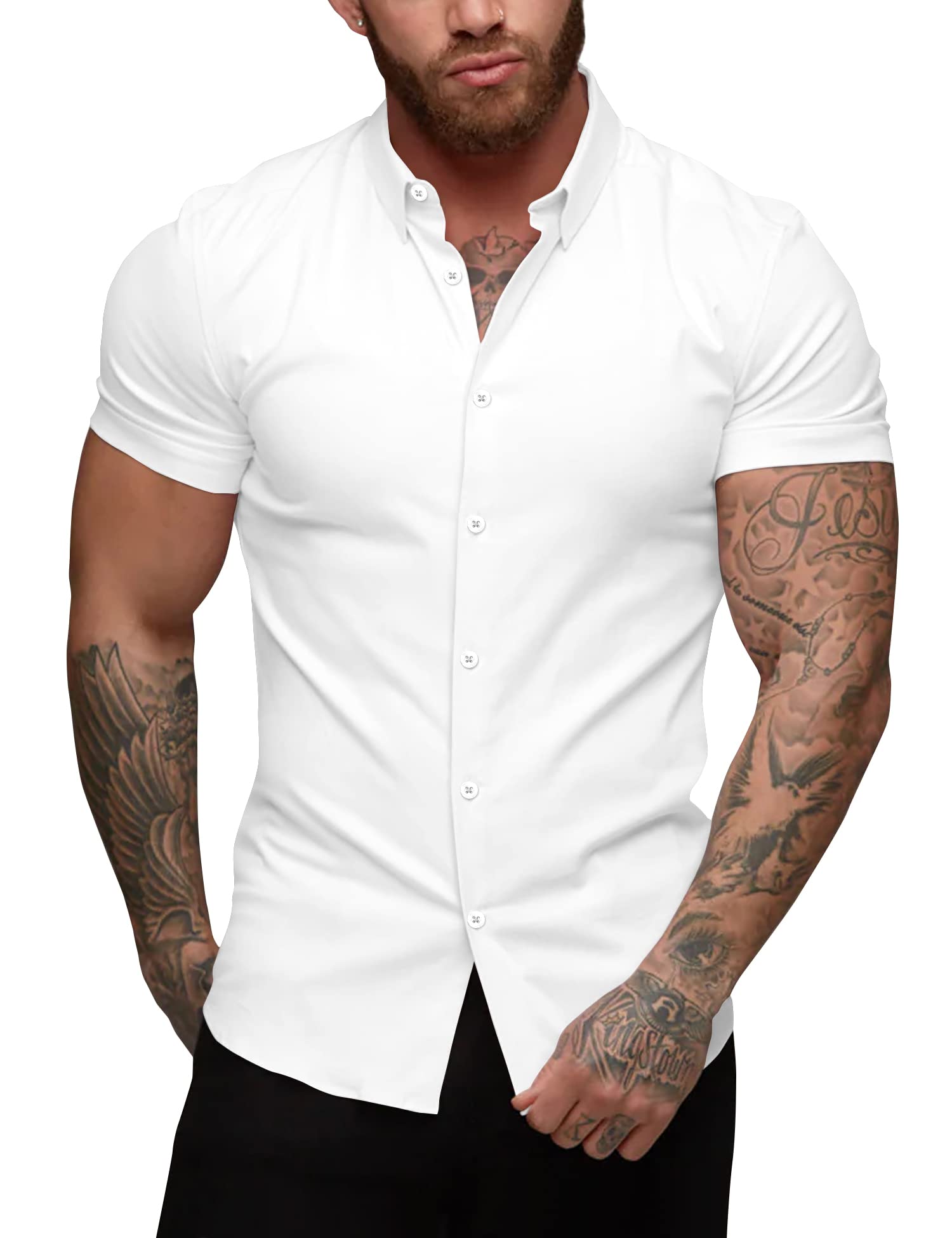 URRU Men's Muscle Shirt Slim Fit Stretch Short Sleeve Casual Button Down Shirts 