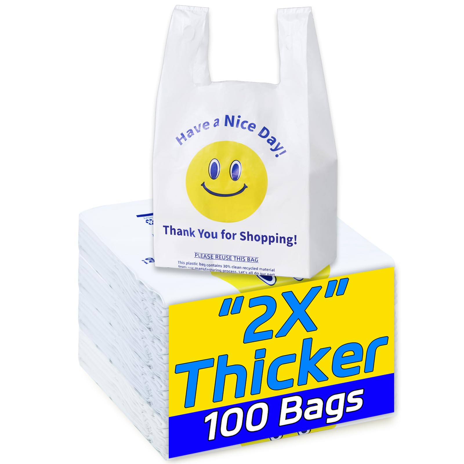 YovhVon 0.8Mil(20 Microns), 100 Count, Plastic Bags with Handles, T-Shirt bag, T