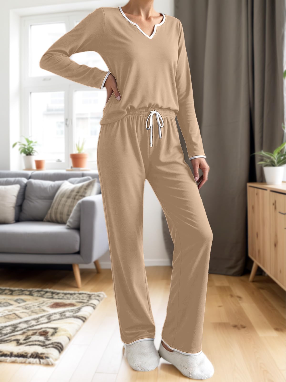 Set pigiama da donna, 2 pezzi, 2026, con scollo a V, maglia a maniche lunghe e p