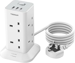TESSAN Tower Extension Lead with USB C Slots | 8 Way Multi Plug Extension Socket, Surge Protected, Extension Cable 2M with Switch, for Home, School Supplies