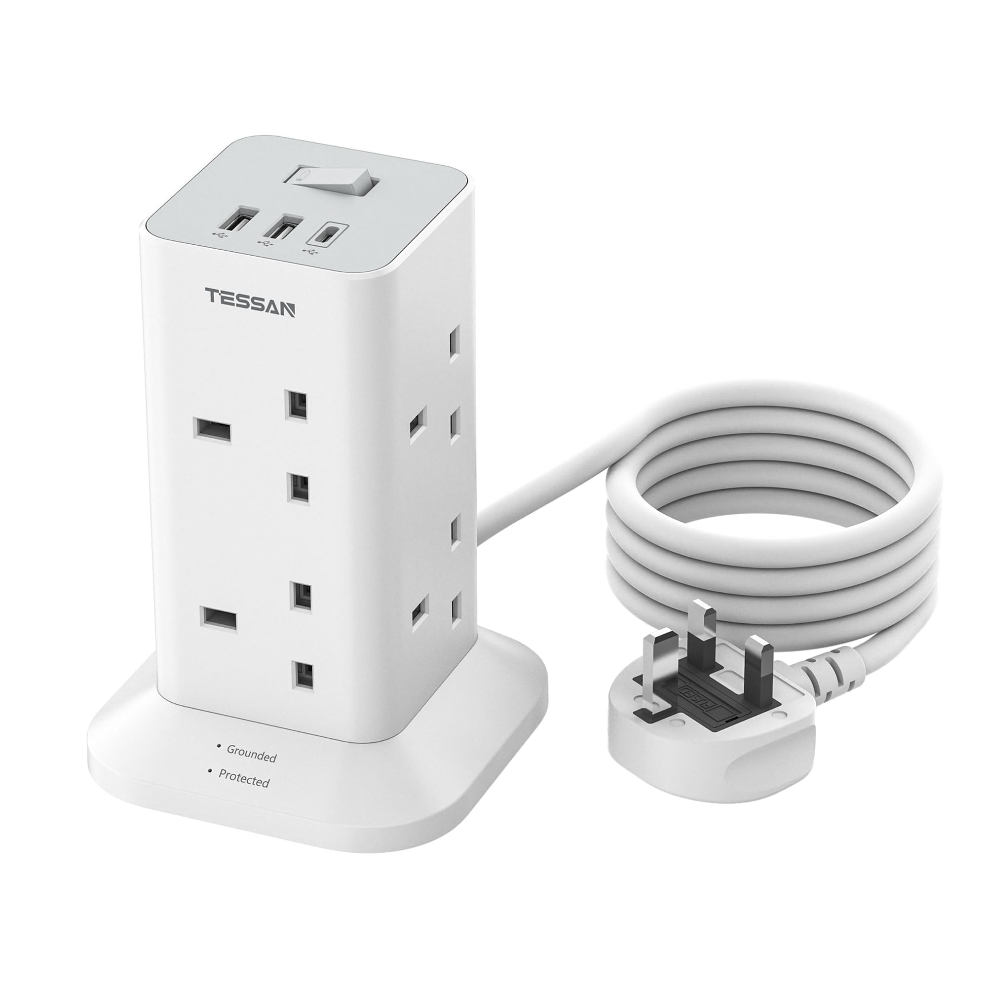 TESSAN Tower Extension Lead with USB C Slots | 8 Way Multi Plug Extension Socket