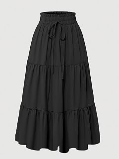 Black Midi Skirt for Women Elastic Waist Flowy A-Line Casual Boho Tiered Skirts