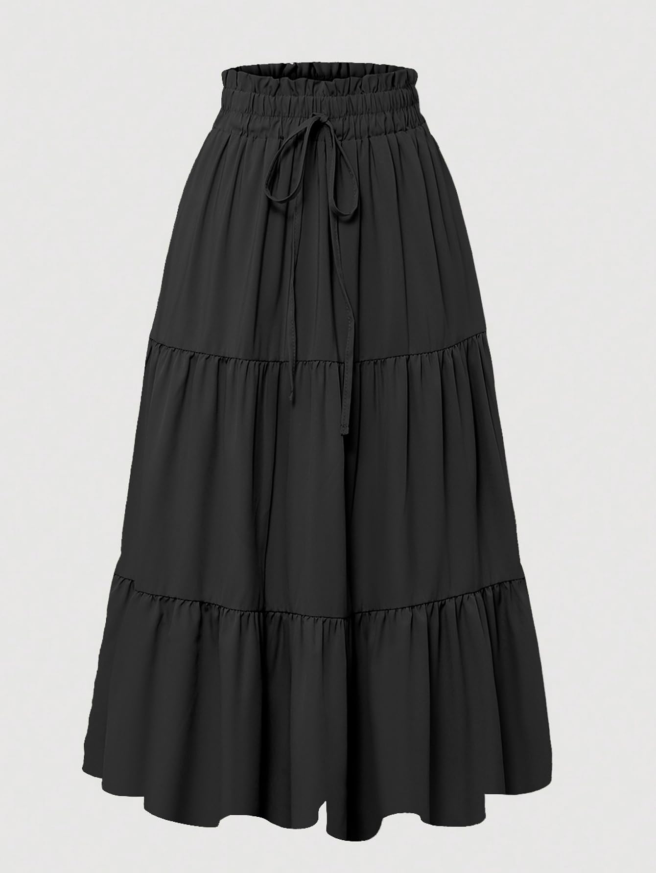 Black Midi Skirt for Women Elastic Waist Flowy A-Line Casual Boho Tiered Skirts