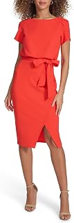 kensie Women's Short Sleeve Tie Waist Midi Dress
