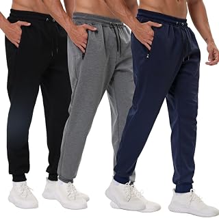 3 Pack Mens Sports Trousers with Zip Pockets Gym Workout Pants for Running Jogging