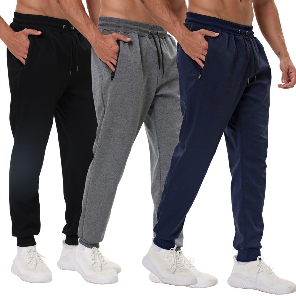 3 Pack Mens Sports Trousers with Zip Pockets Gym Workout Pants for Running Joggi