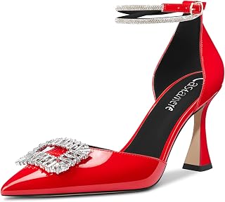 Castamere Women's High Block Chunky Heel Strappy Ankle Strap Diamond Crystal Pointed Toe Pumps 8.5CM Heels