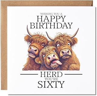 Maise & Rose Funny 60th Birthday Card For Men or Women Highland Cow P270 | Happy 60th Birthday, Friend, Wife, Husband, Mum, Dad, Premium 300gsm Card, Fully Recyclable, Made In The Uk