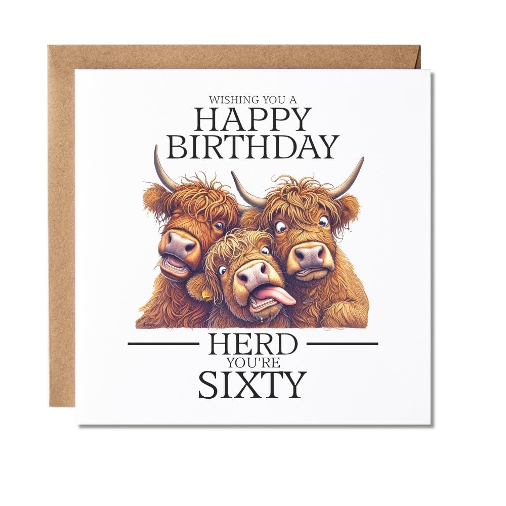 Maise & Rose Funny 60th Birthday Card For Men or Women Highland Cow P270 | Happy