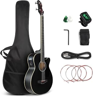 GLARRY Full Size Acoustic Electric Bass Guitar Beginner Kit, Cutaway 4 Strings Electric Acoustic Bass Guitar w/Inbuilt Tuner, Bag, Strap, Picks, Strings, Basswood Bass Guitarra, Matte Black