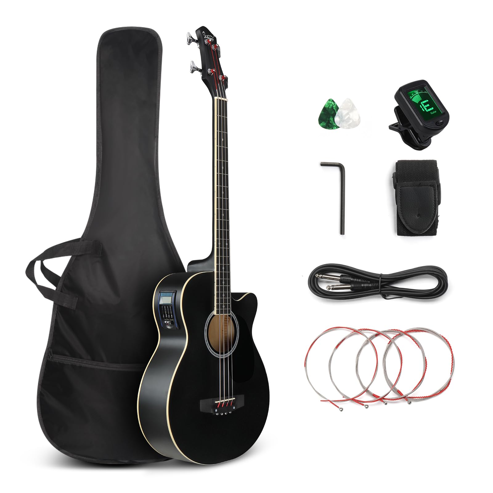 GLARRY Full Size Acoustic Electric Bass Guitar Beginner Kit, Cutaway 4 Strings E