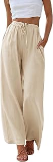 Cegerne Women's Linen Trousers Summer Lightweight Casual Long Wide Legs Muslin Palazzo Airy Loose Summer Beach Pants with Pockets