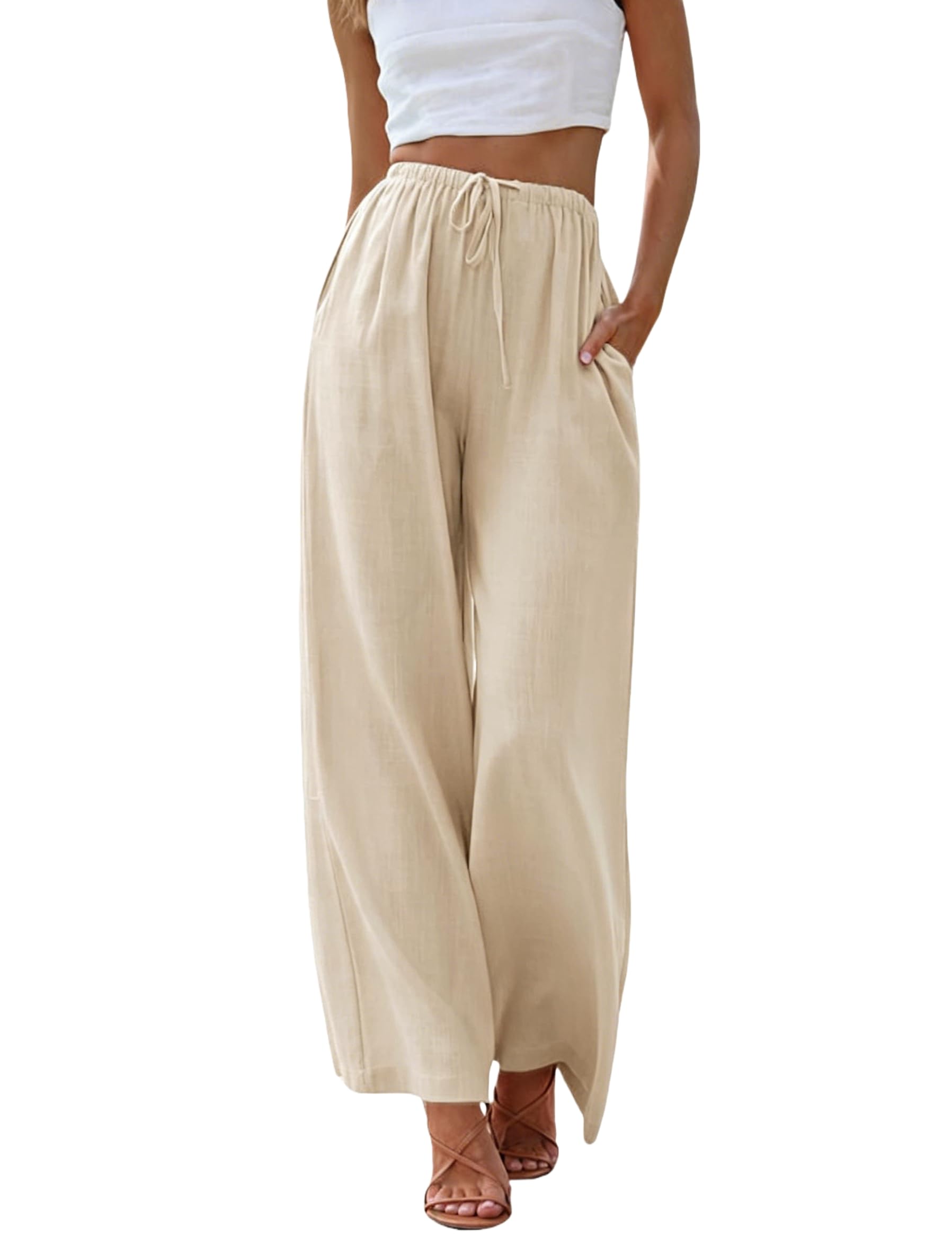 Cegerne Women's Linen Trousers Summer Lightweight Casual Long Wide Legs Muslin P