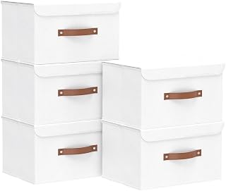 Yawinhe Pack of 5 Storage Boxes with Lids, Foldable, Linen Cloth Storage Basket for Towels, Books, Toys, Clothes (White, 33 x 23 x 20 cm)