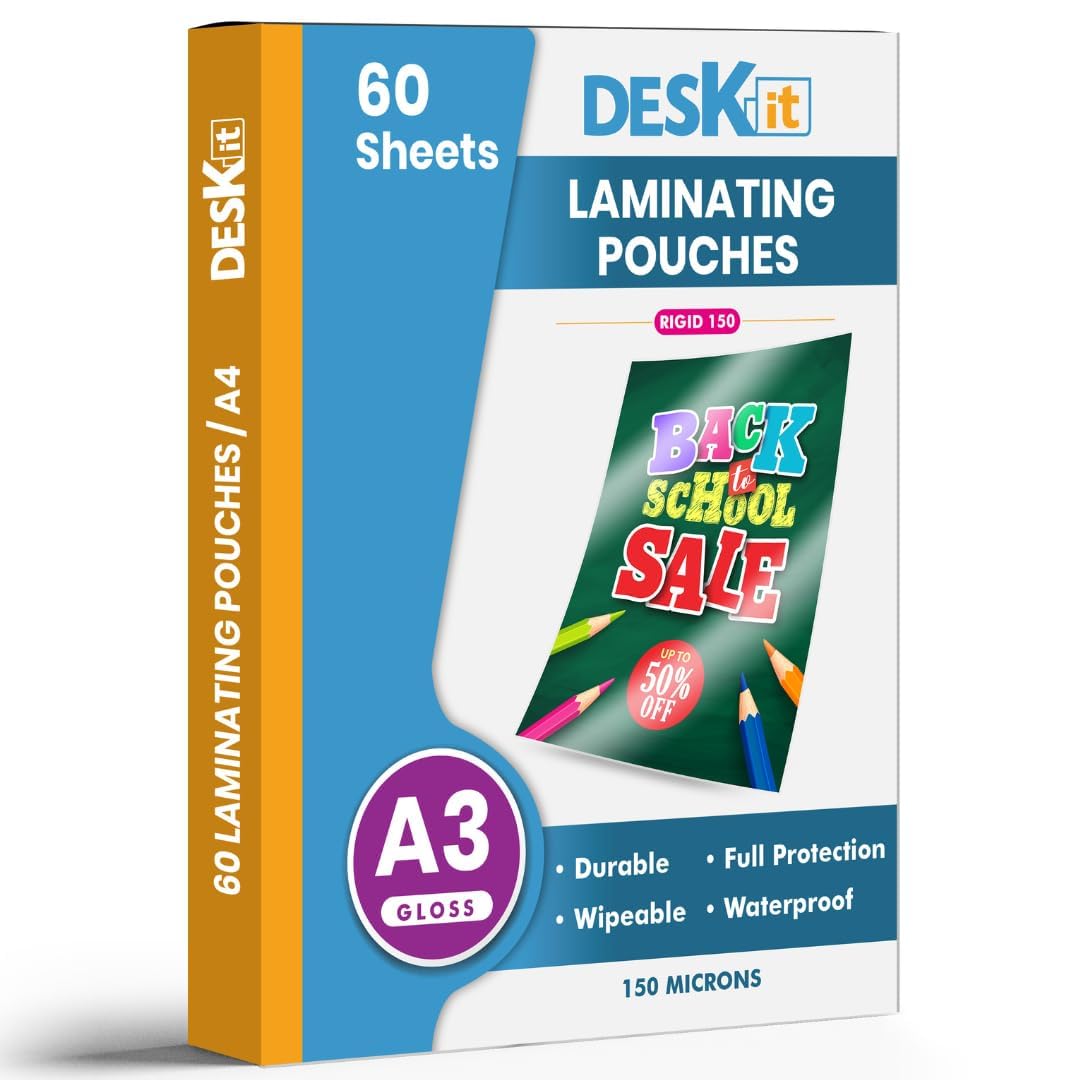 Deskit A3 Laminating Pouches, Glossy, 60 Sheets, 150 Microns - Clear and Durable