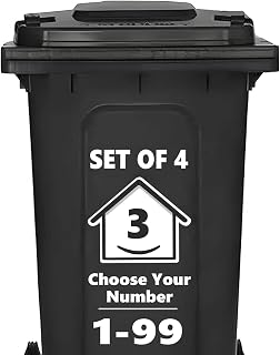 4pk Bin Numbers for Wheelie Bins 1-99 | Happy House Black Stickers (3) | Self-adhesive stick on wheelie bin numbers, food caddy, house number & dustbin use, weatherproof, 15 x 17cm