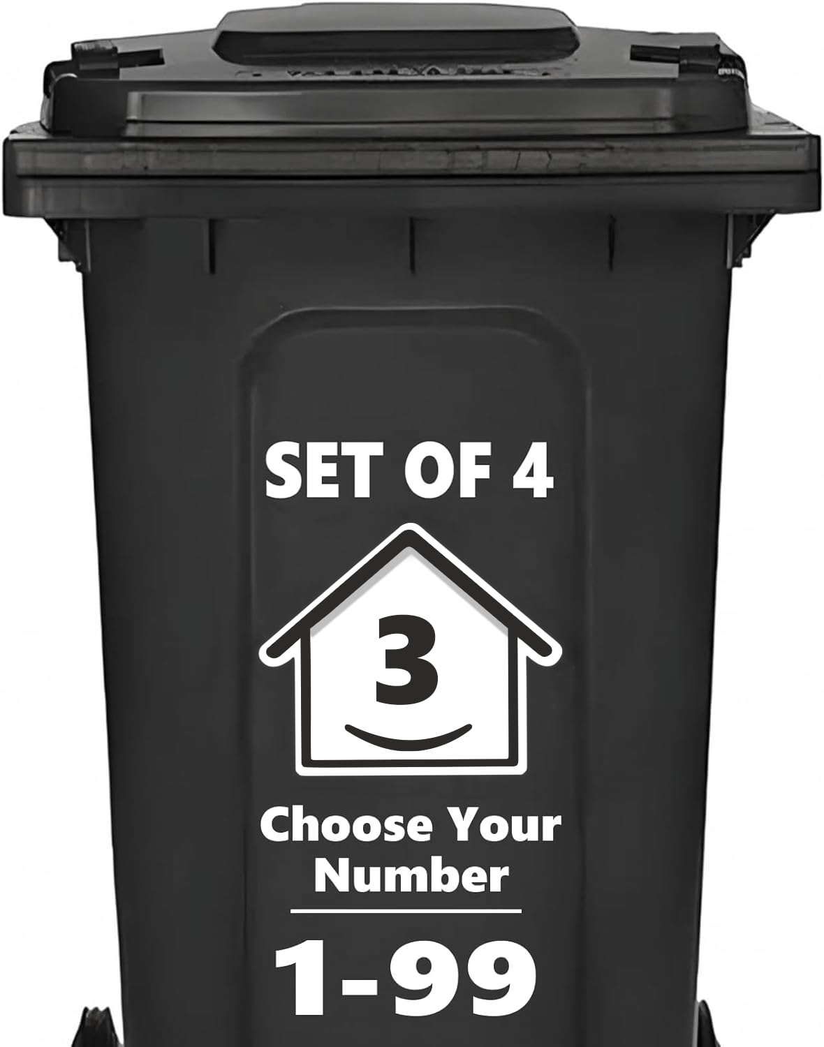 4pk Bin Numbers for Wheelie Bins 1-99 | Happy House Black Stickers (3) | Self-ad