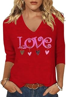 Vircreate Womens 3/4 Sleeve V Neck T-Shirts Valentina's Day Spring Shirts Love Heart Graphic Tee Tops