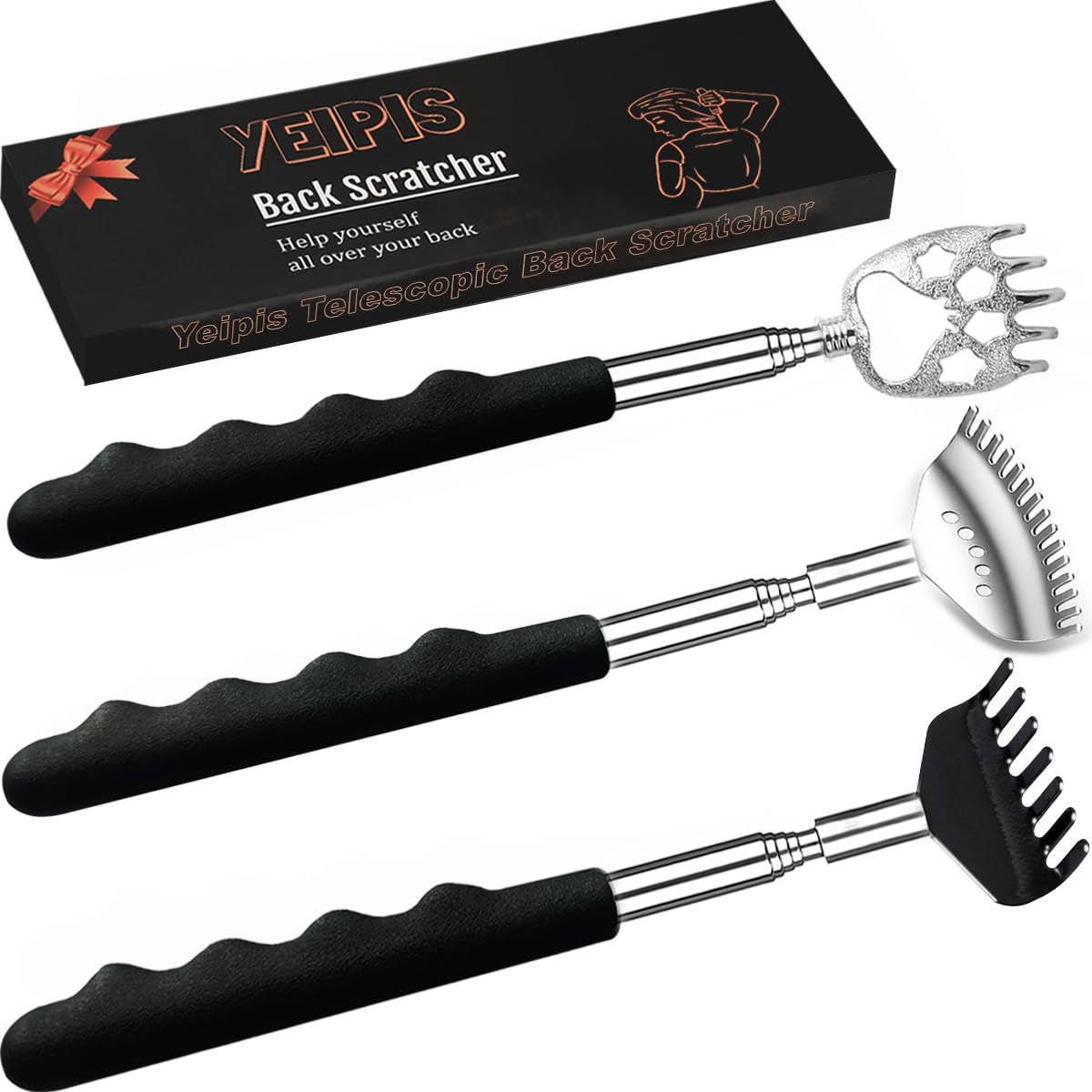 3 Pack Different Back Scratcher Metal Portable Telescoping with Rubber Handles, 