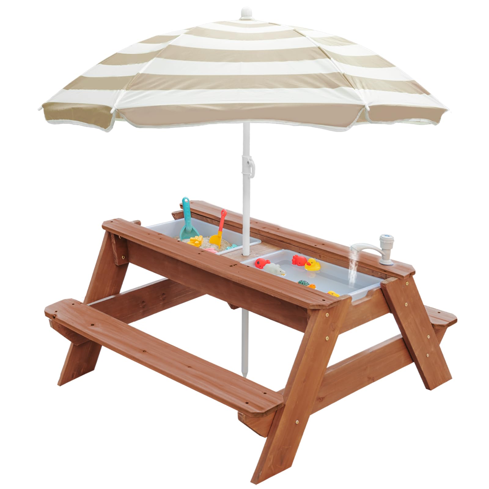 Kids 3-in-1 Sand & Water Table, Wood Outdoor Convertible Picnic Table w/Umbrella