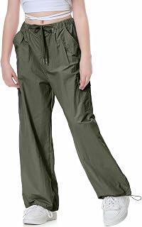 Rolanko Girls Parachute Baggy Cargo Pants Y2K Vintage Jogger Pants with Adjustable Elastic Waist for Kids