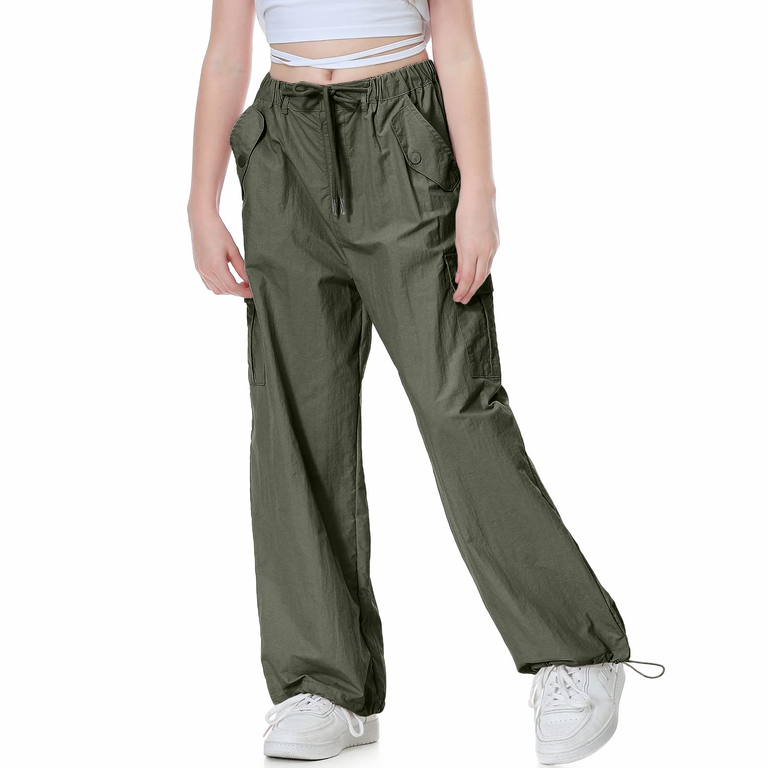 Rolanko Girls Parachute Baggy Cargo Pants Y2K Vintage Jogger Pants with Adjustab