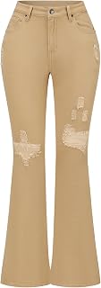 THUNDER STAR Ladies Stretch Mid Rise Flared Distressed Denim Bell Bottom Trousers
