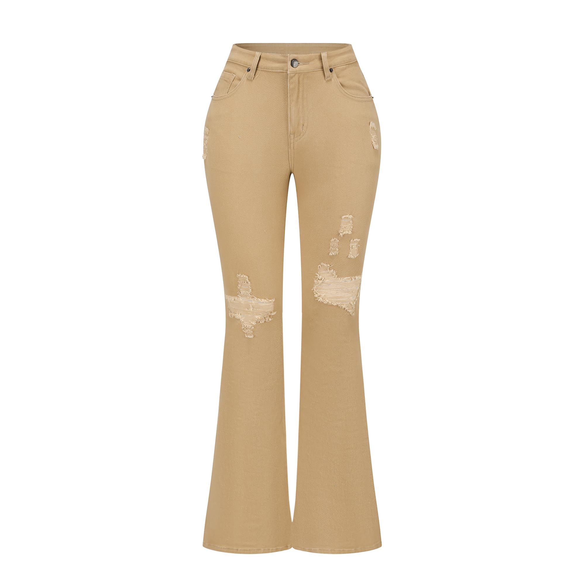 THUNDER STAR Ladies Stretch Mid Rise Flared Distressed Denim Bell Bottom Trouser