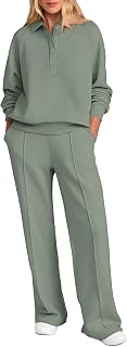 PRETTYGARDEN Women Autumn Jumpsuit 2 Piece Quarter Button Long Sleeve Jumpsuit Wide Leg Pants Lounge Suit